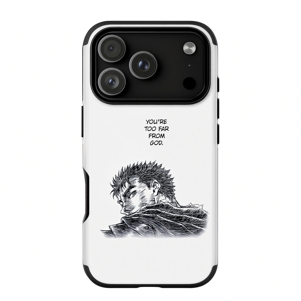 Kurodrip Guts Berserk White Minimalist Quote Too Far From God Side Profile Manga Sketch Protective Phone Case