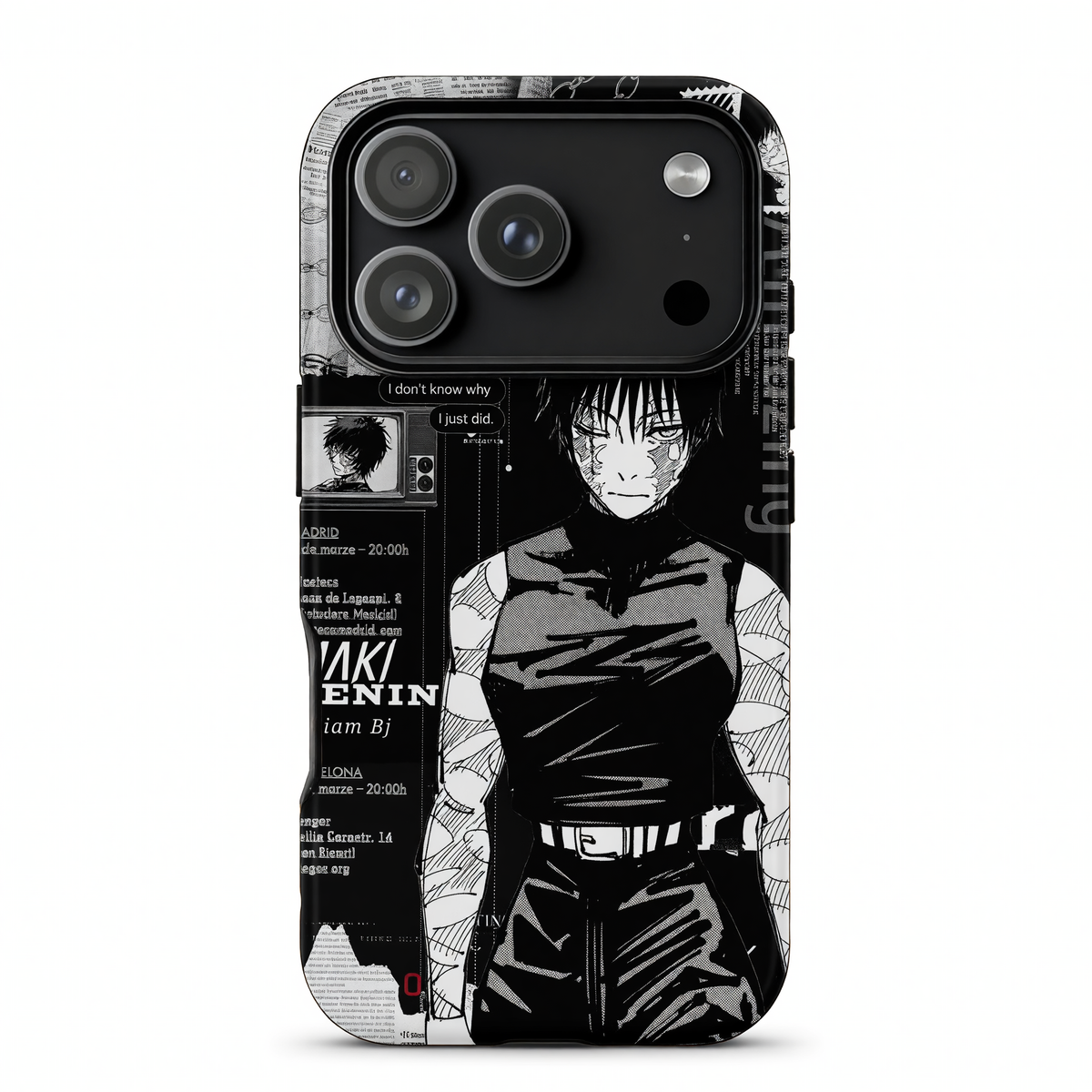 Kurodrip Megumi Fushiguro Jujutsu Kaisen Black Newspaper Collage Crying Quote I Just Did Dark Protective Phone Case