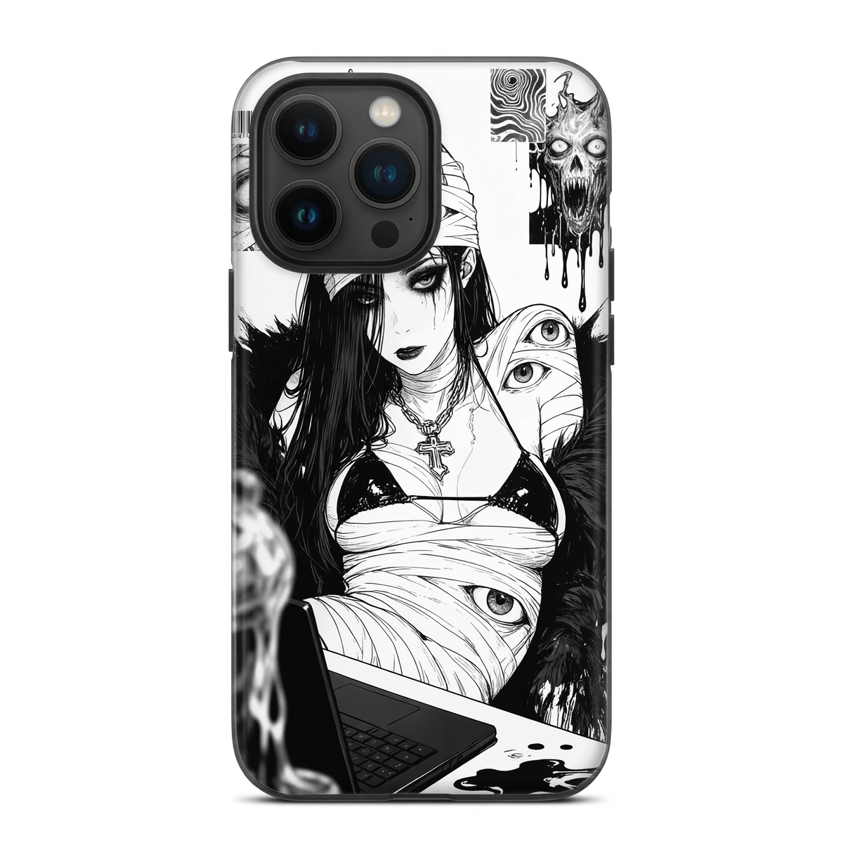 Kurodrip Dark Horror Anime Girl Black White Bandage Eyes Cross Skull Demon Original Art Protective Phone Case