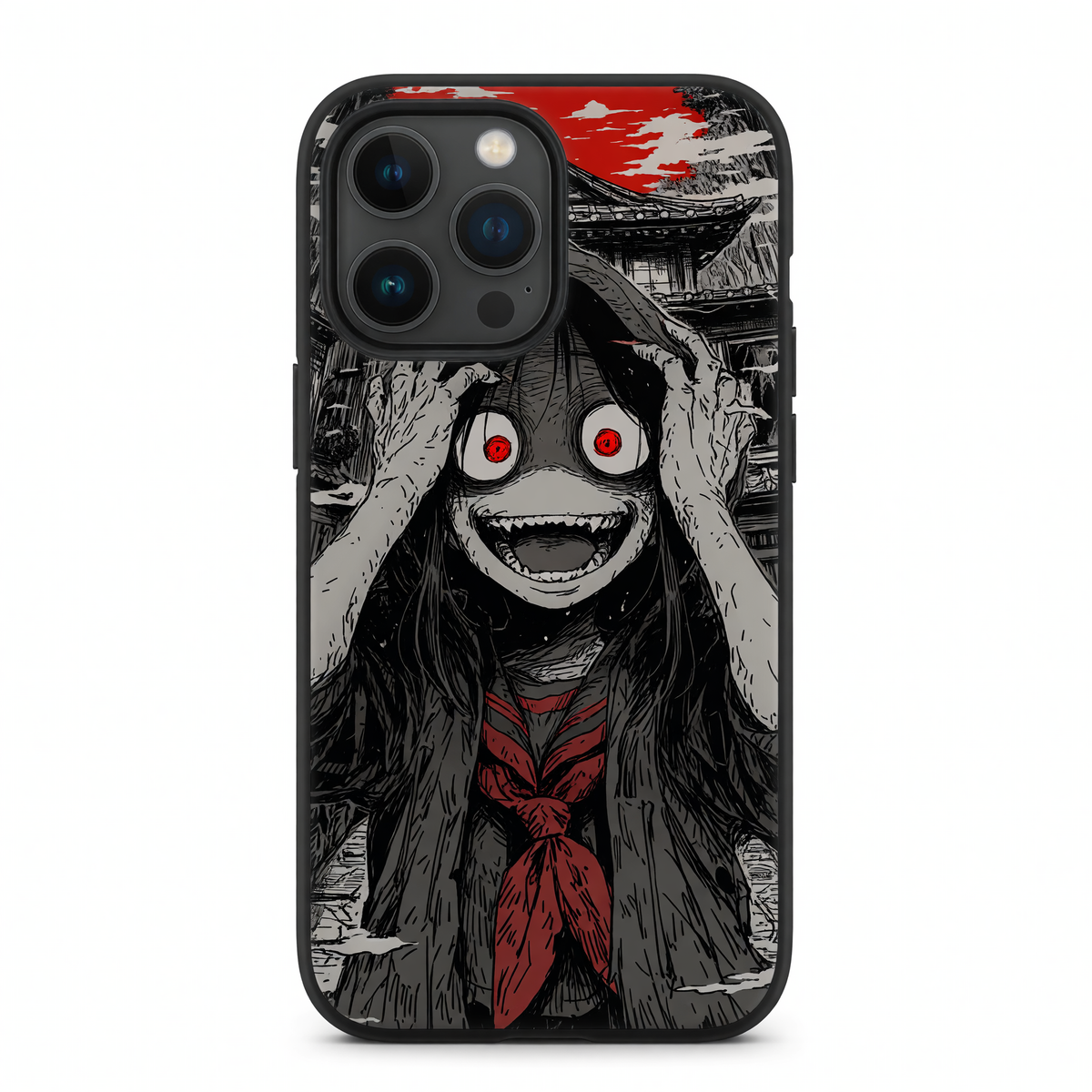 Kurodrip Dark Horror Anime School Girl Red Eyes Fang Smile Japanese Temple Blood Sky Junji Ito Protective Phone Case
